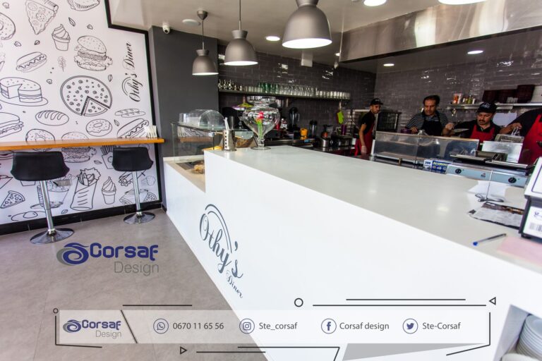 Réalisation sur mesure du comptoir et de la vasque pour Othy’s Diner à 7Agadir – Corsaf Design